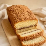 Sour cream coffee cake loaf with cinnamon ribbon and crumb topping.