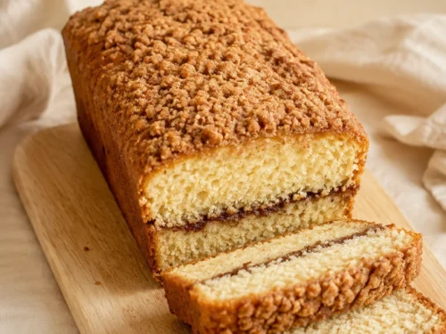 Sour cream coffee cake loaf with cinnamon ribbon and crumb topping.
