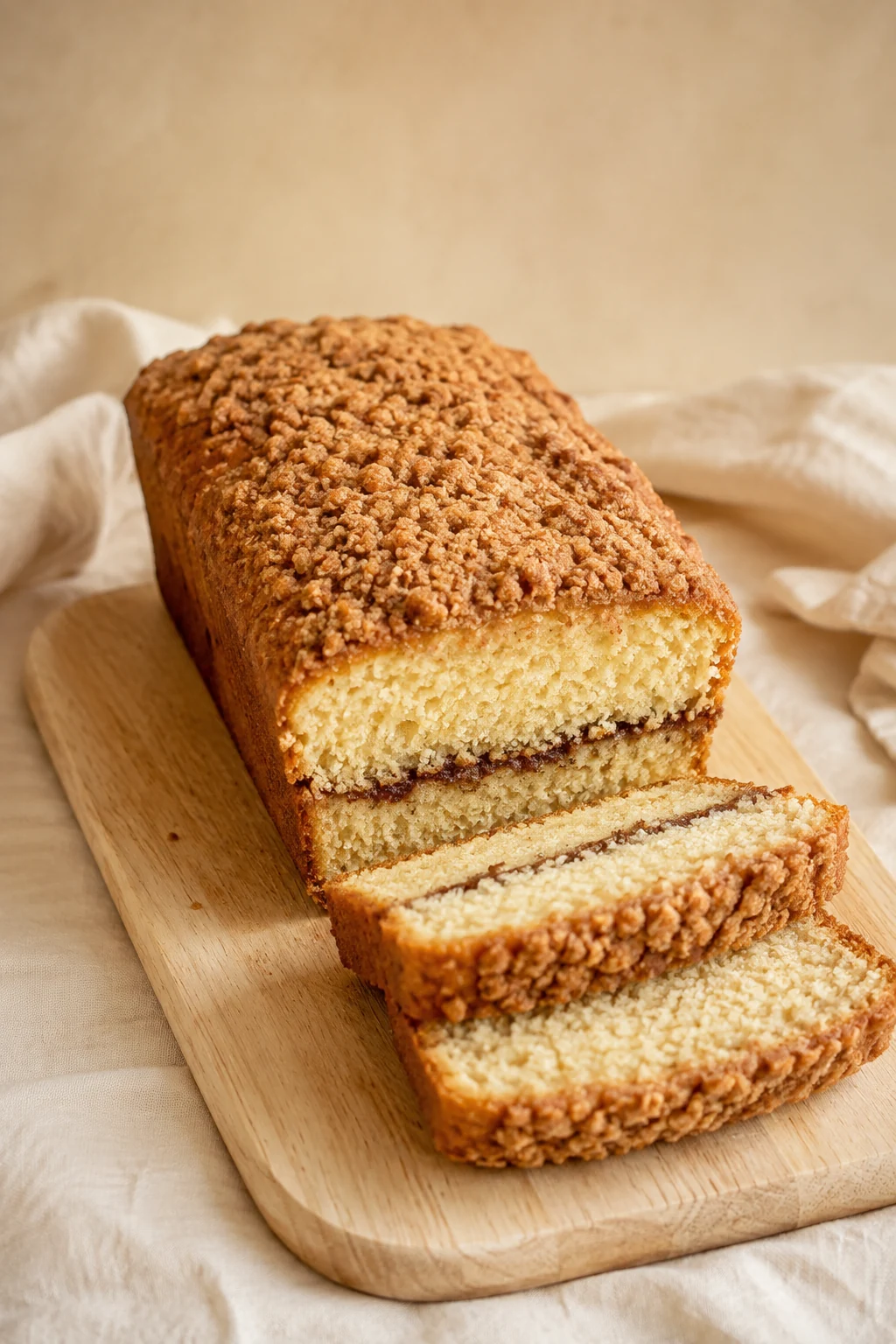 Sour cream coffee cake loaf with cinnamon ribbon and crumb topping.
